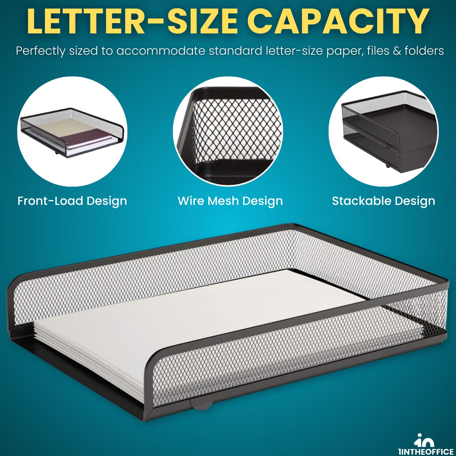 1InTheOffice Desk Trays Stackable Letter Tray, Matte Black Wire Mesh Front-Load Paper Tray