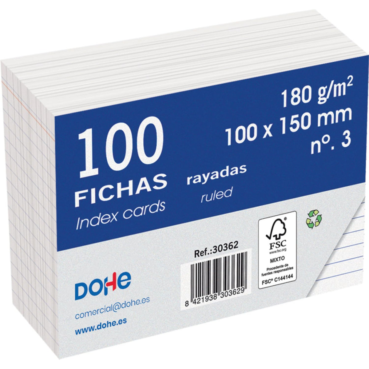 Dohe 100 x A6 (15x10cm) 180g Ruled Card Index Cards - No.3 Office Supplies - White