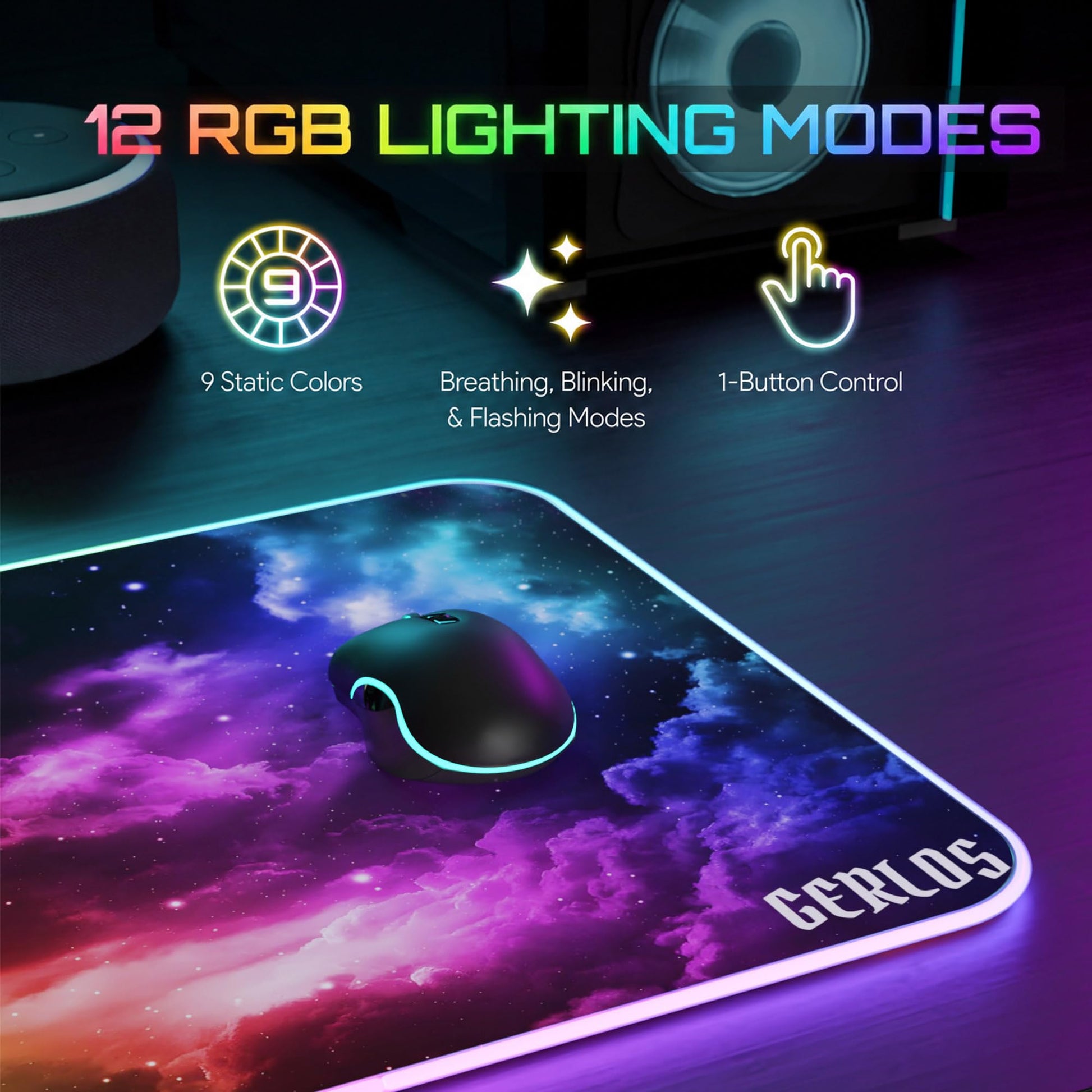 Gerlos RGB Gaming Mouse Pad, Large LED Desk Mat for Gamer, 31.5" x 11.8"