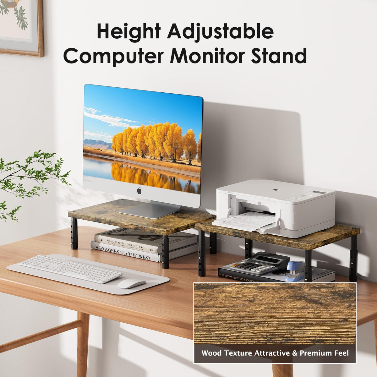 ECOLOVI Adjustable Wood Computer Monitor Stand Riser, Office Desk Organizer and Accessories for