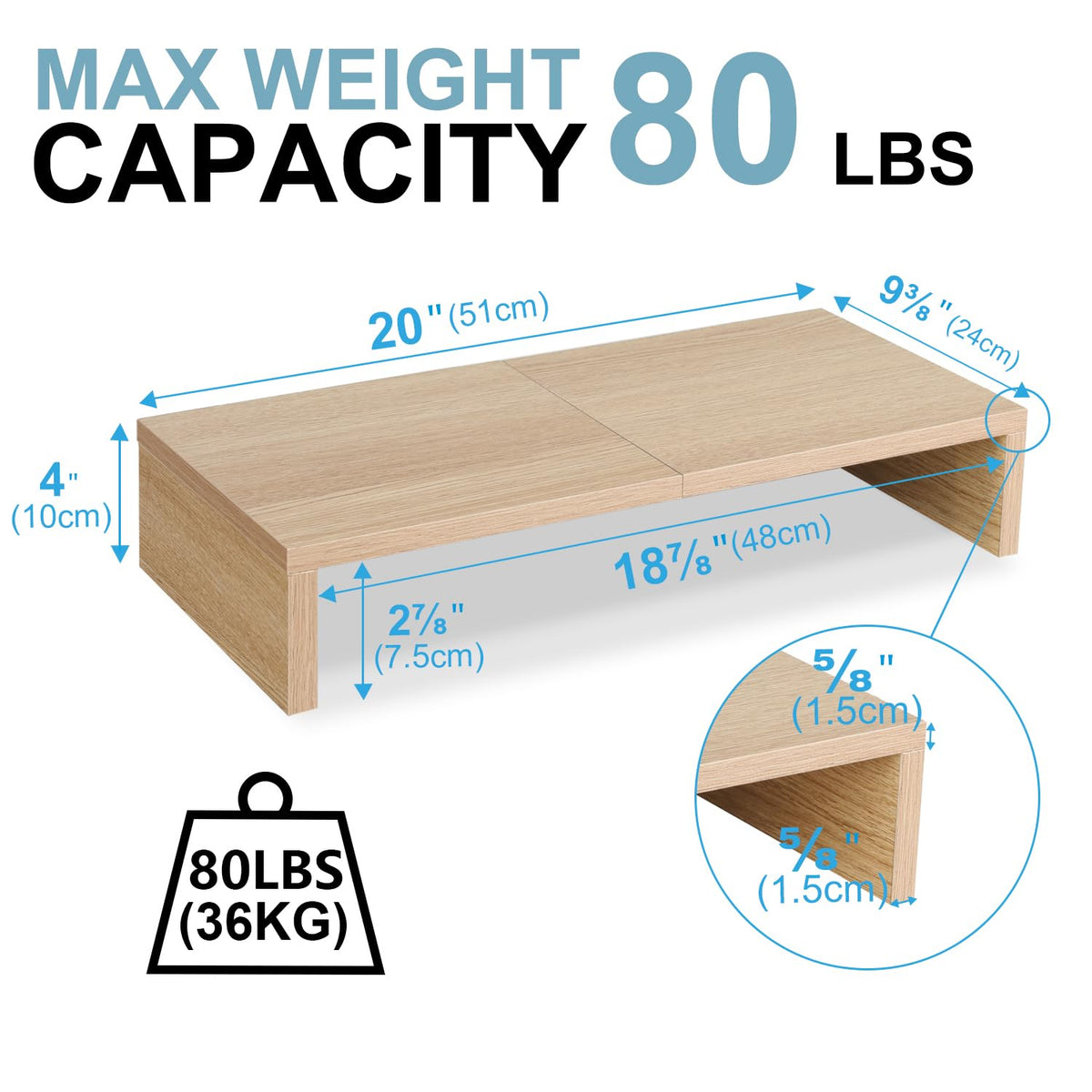 TEAMIX 2-Pack Monitor Stand Riser 20 inch, Wood Desk Computer Shelf, Maple