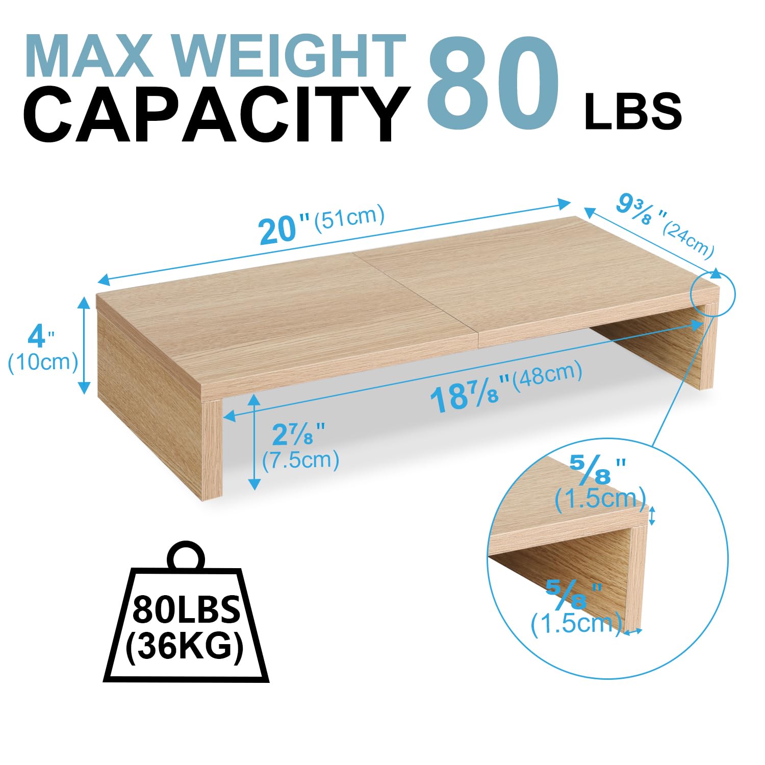 TEAMIX 2-Pack Monitor Stand Riser 20 inch, Wood Desk Computer Shelf, Maple