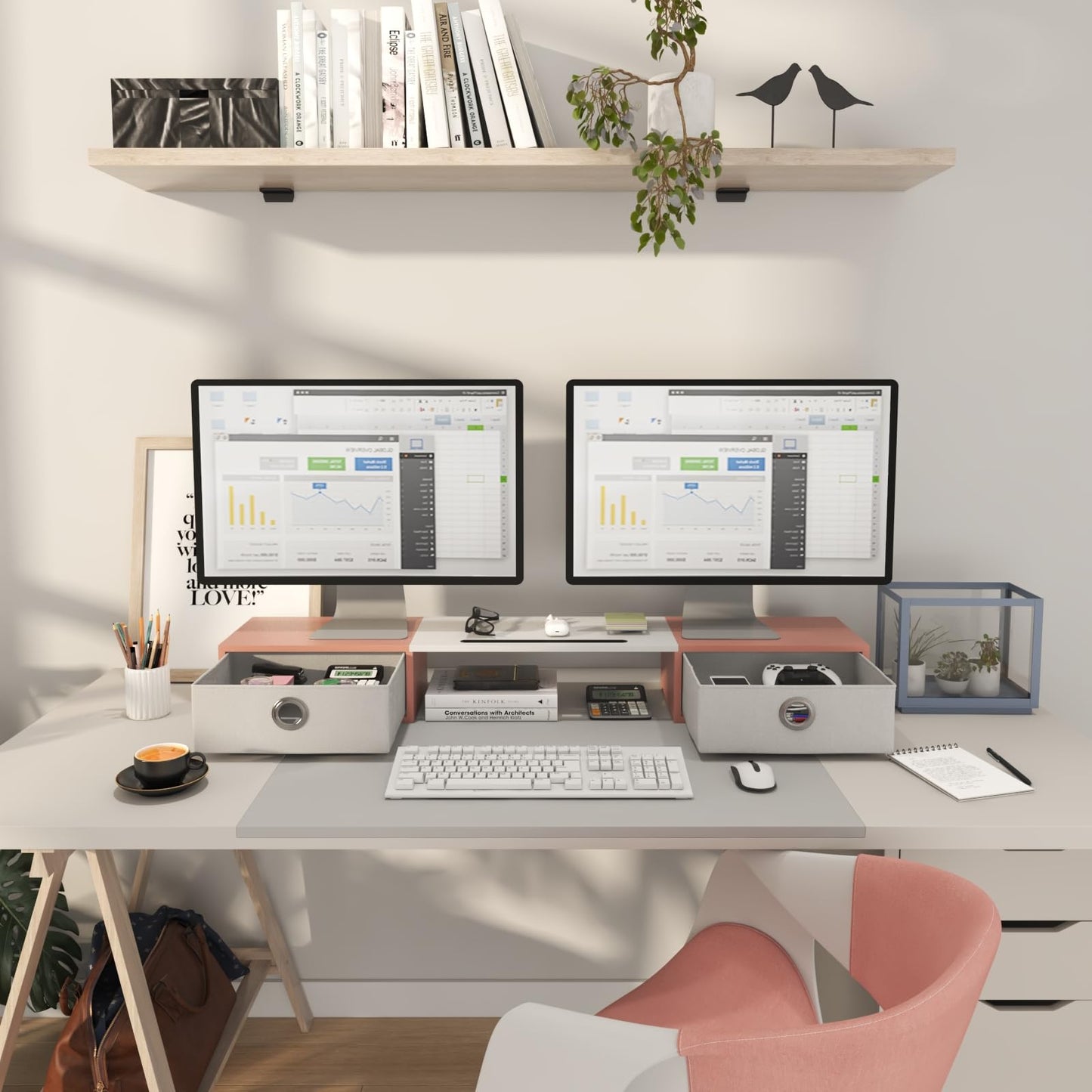 WESTREE Dual Monitor Stand Riser with Two Drawers, Extra Large Storage Monitor Stand for 2