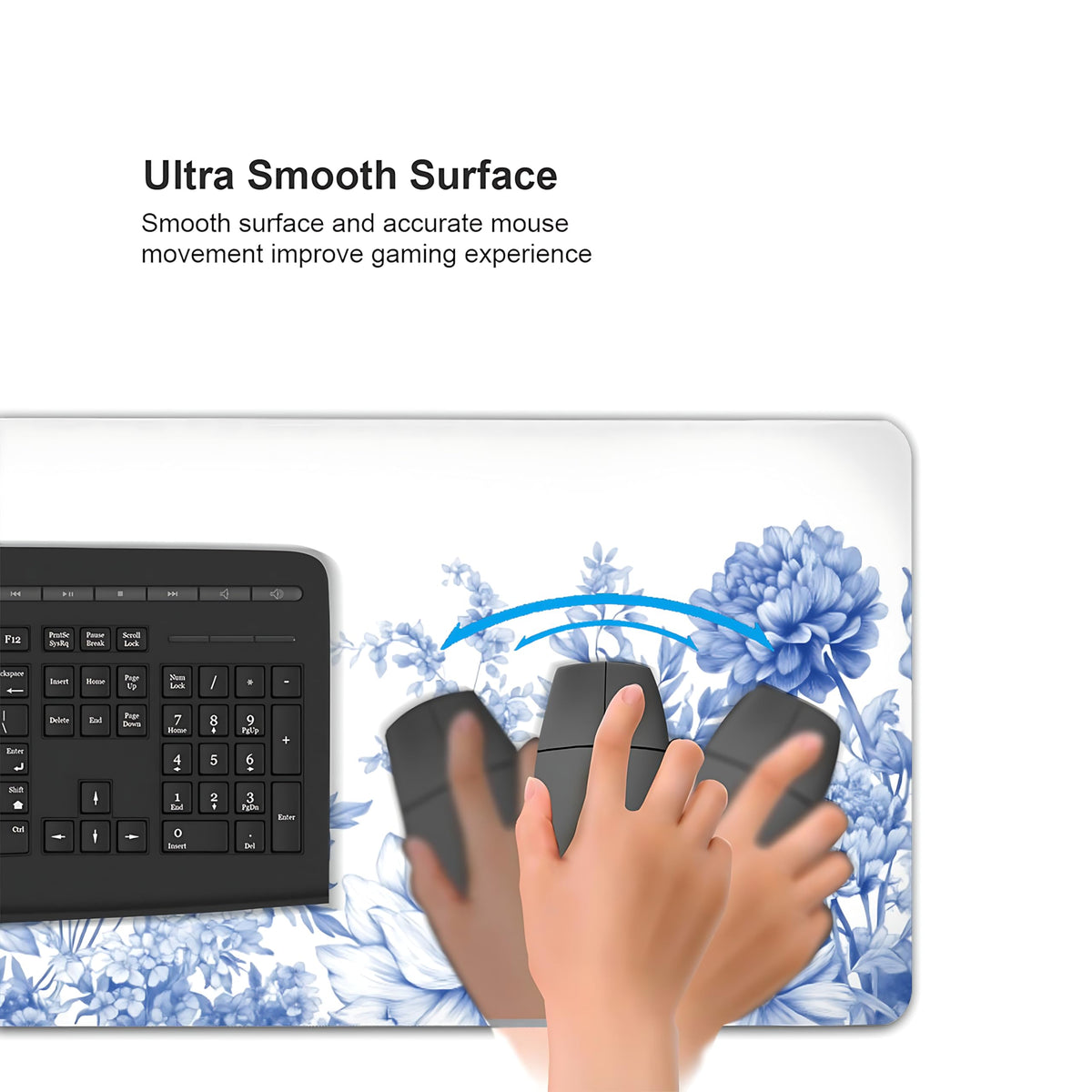 Floral Aesthetic Lotus Gaming Mouse Pad, White Blue Chinoiserie Desk Mat with Anti-Slip Base &