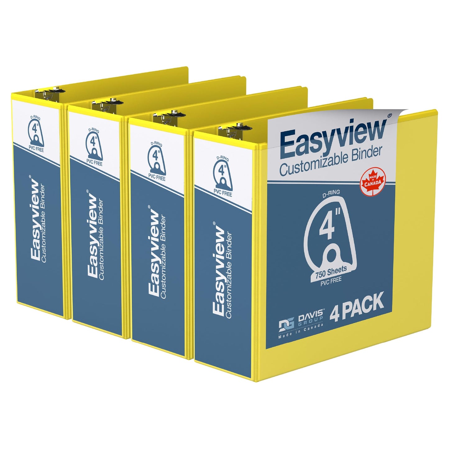 Easyview 3-Ring Binder, Clear-View Cover, 4" D Rings, Yellow, 4 Pack