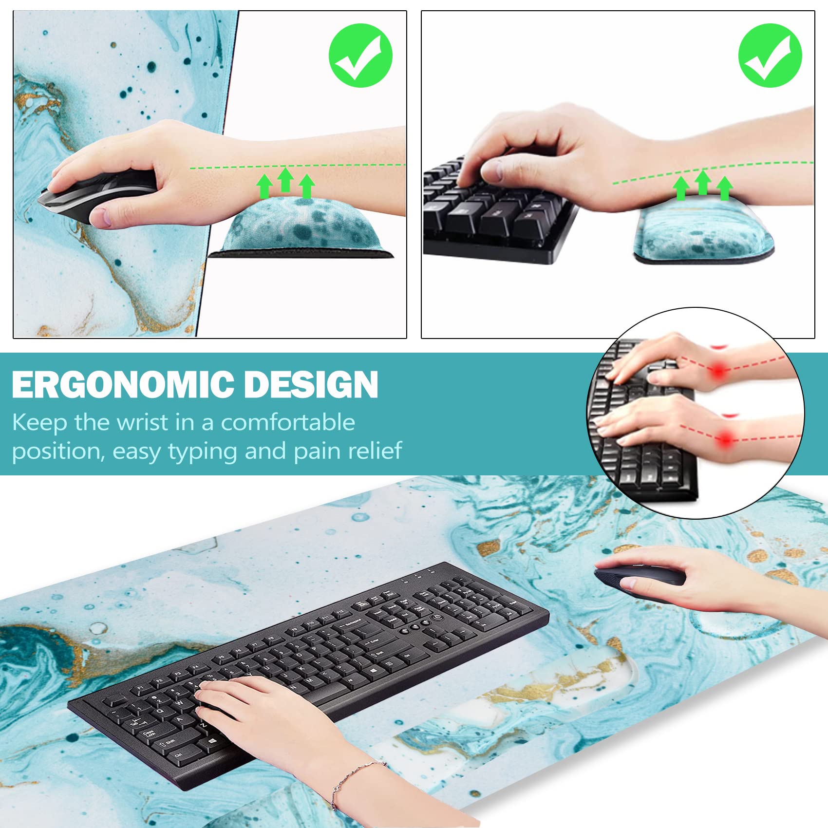 ARTSO Large Gaming Mouse Pad, Keyboard Wrist Rest Pad & Wrist Support Mousepad Set, Stitched Edge
