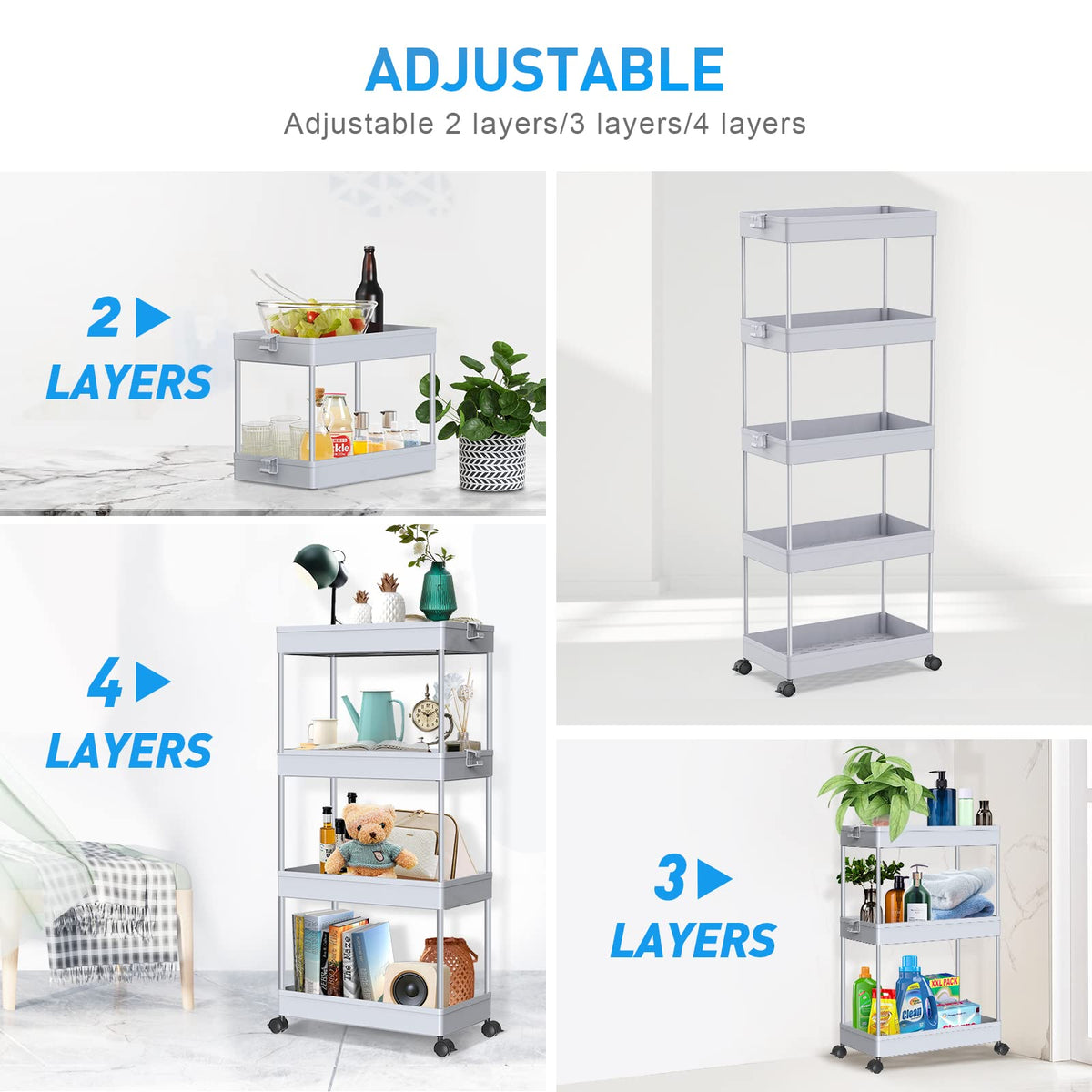 SPACEKEEPER 5 Tier Storage Rolling Cart, Bathroom Cart with Wheels, Gray