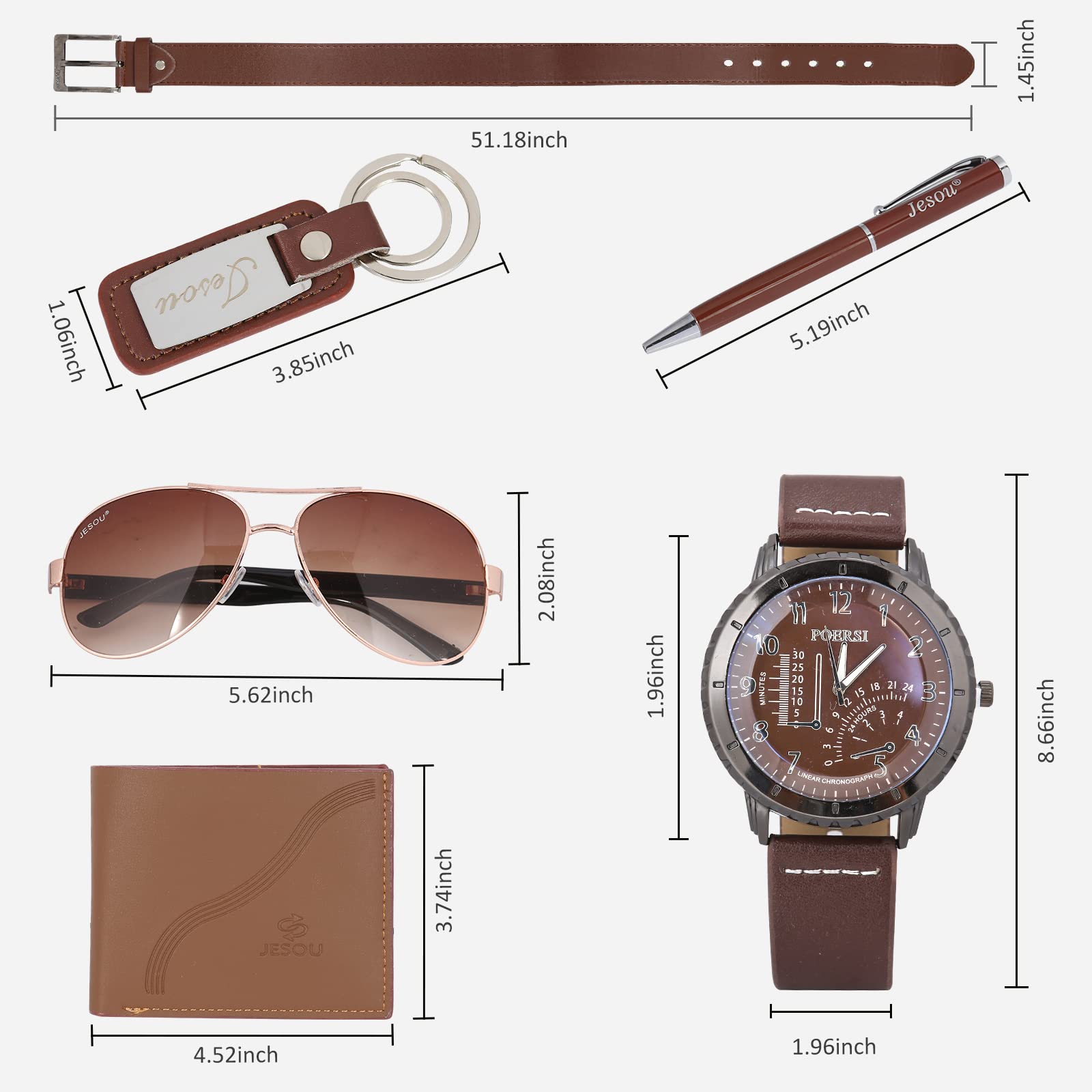 Baojulong 6pcs Men's Gift Set with Box Brown Leather Belt Wallet Watch Glasses Keychain Ballpoint