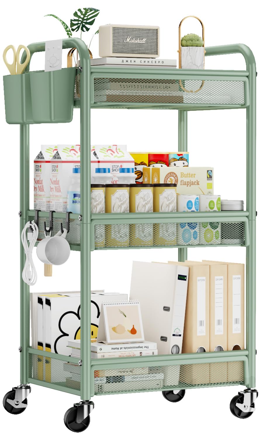 YASONIC 3 Tier Metal Rolling Cart, Green Utility Storage Cart with Wheels