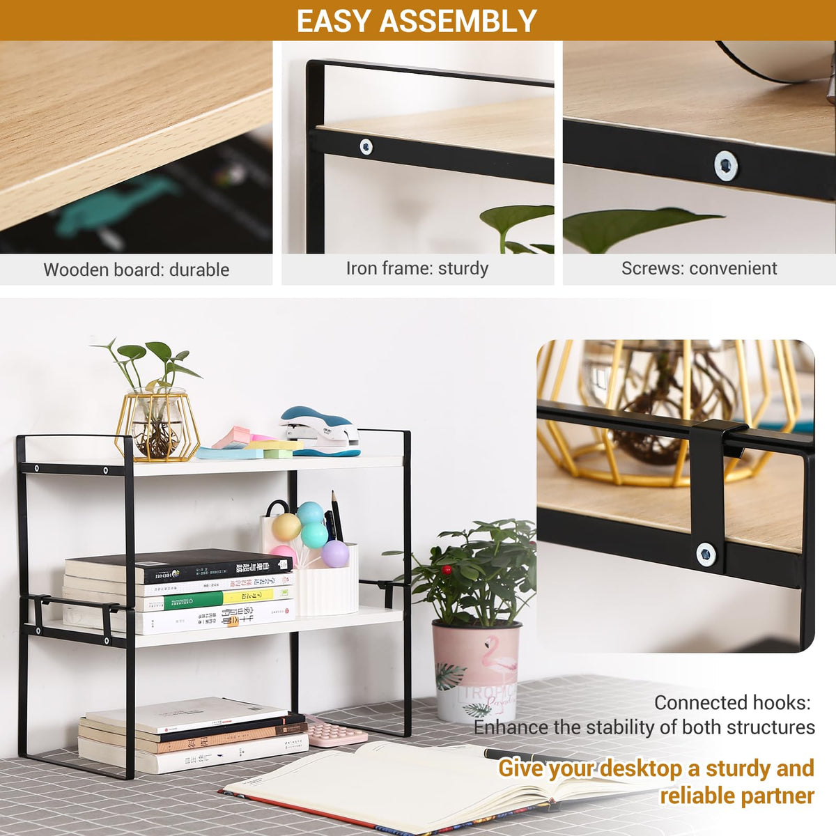 YGYQZ Desk Shelf Organizer, 2-Tier Desktop Bookshelf, Black & White