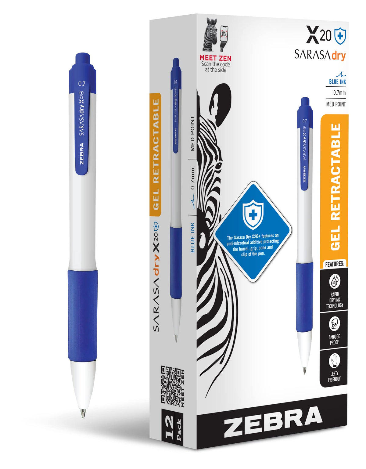 Zebra Pen SARASA X20+ Retractable Gel Pen, Blue Ink, 0.7mm, 12-Pack