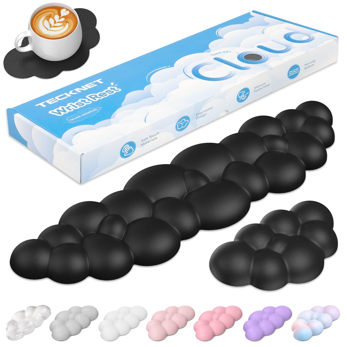 TECKNET Cloud Keyboard Wrist Rest Set, Cloud Wrist Rest with Non-Slip Base, PU Leather Wrist Pad