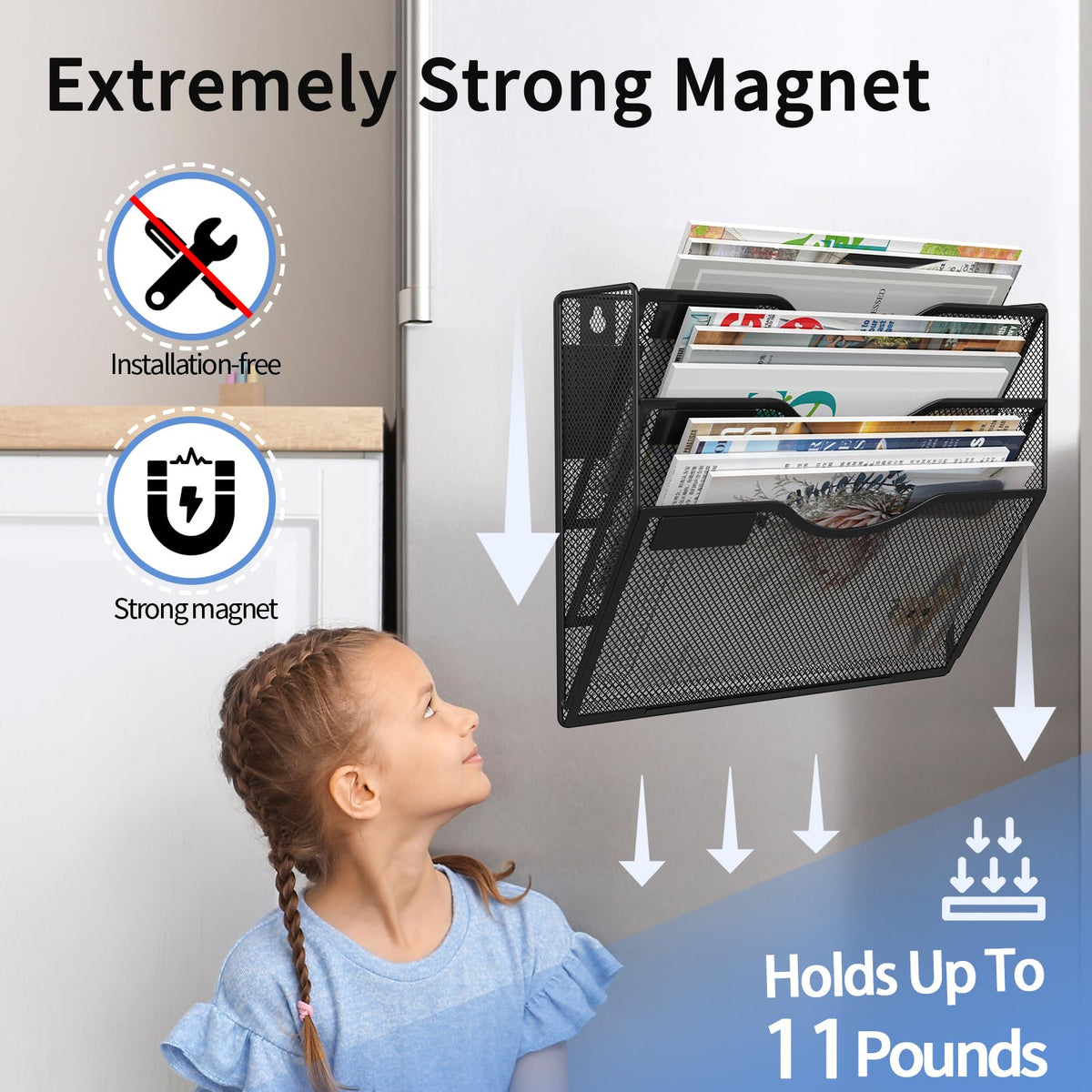 LQPAFZ 3-Tier Magnetic File Holder, No Drilling Installation File Cabinet Organizer, Black Magnetic