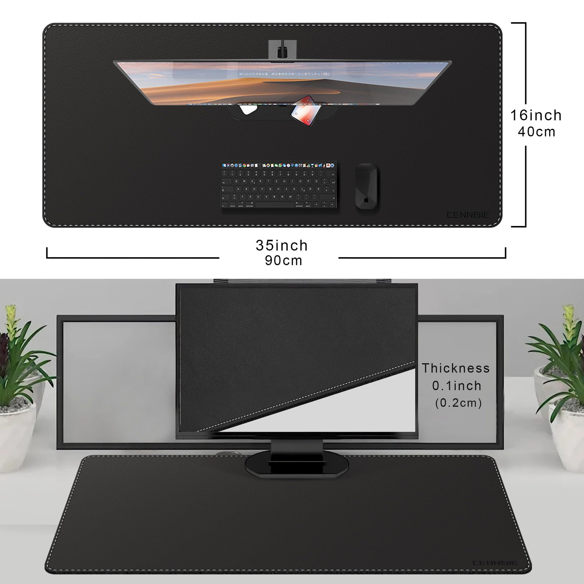 CENNBIE Leather Desk Mat Protector, 35.5" x 16" Office Desk Pad (Black)