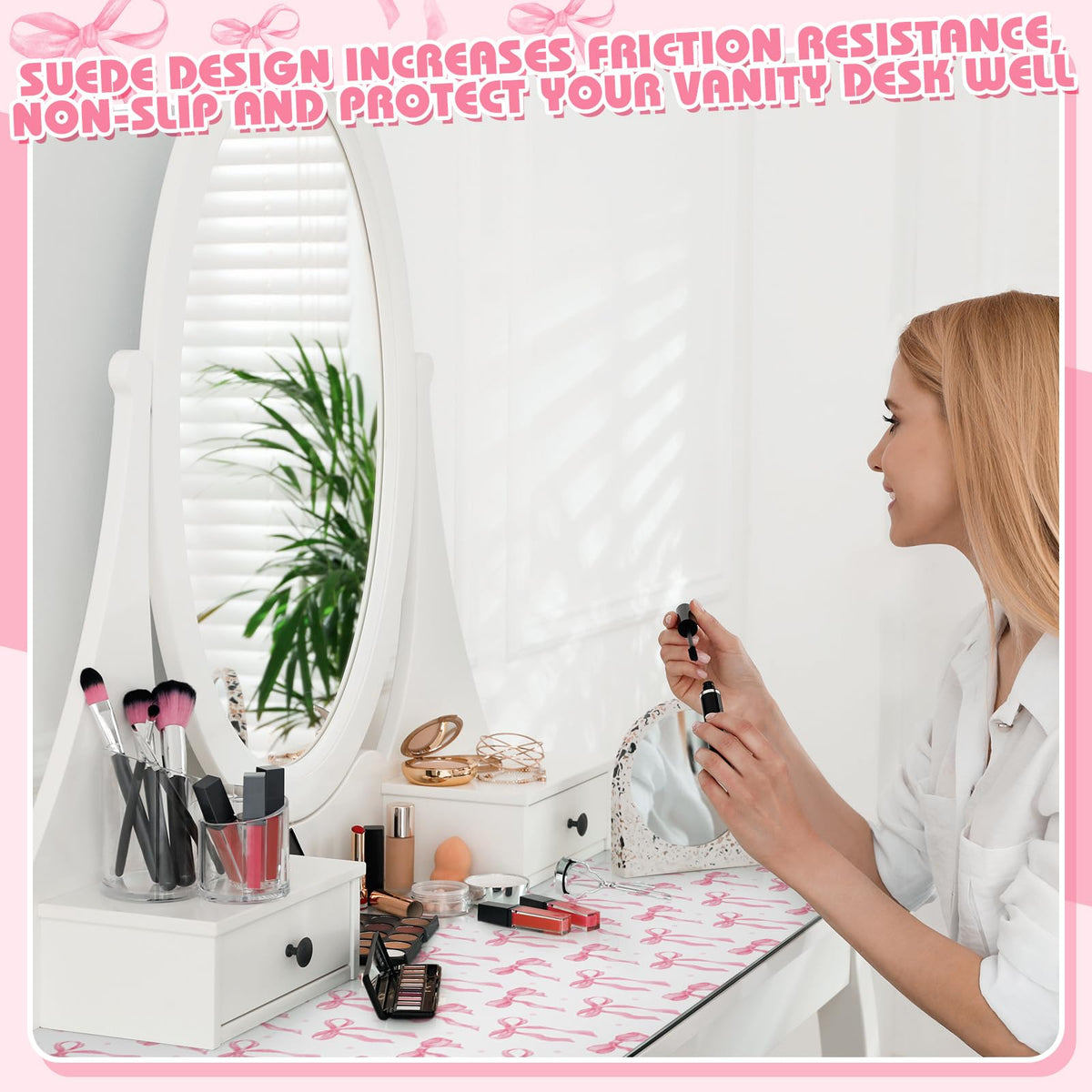Teenyyou Bow Makeup Vanity Mat Leather Desk Pad, Pink 31.5"X 15.7"