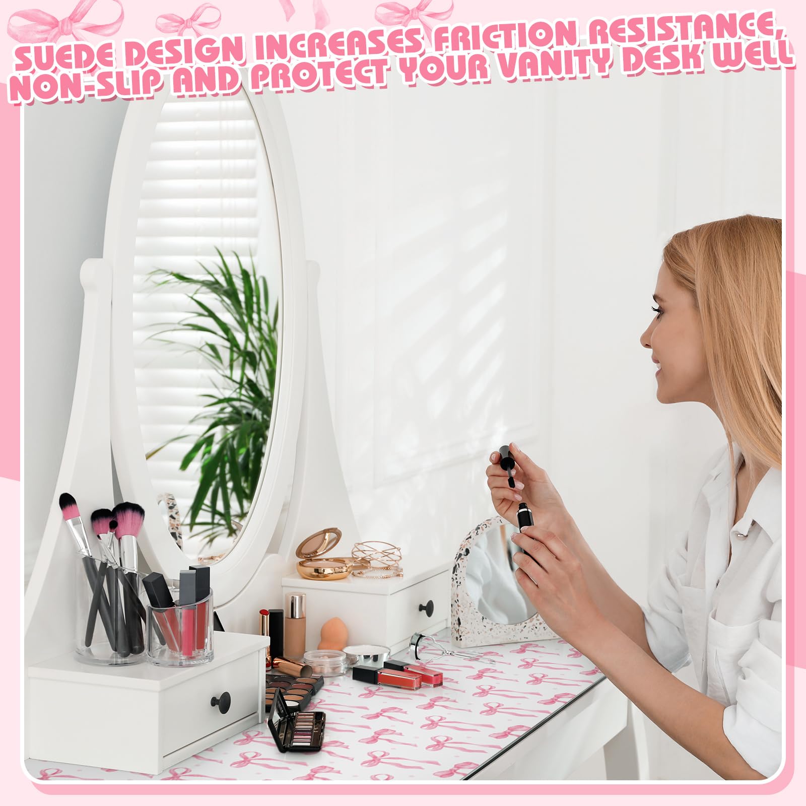 Teenyyou Bow Makeup Vanity Mat Leather Desk Pad, Pink 31.5"X 15.7"