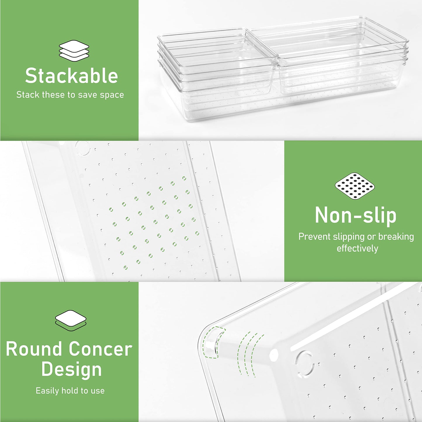 DUHARS 6 PCS Clear Plastic Drawer Organizer, Large 15" X 6" 3-Size Acrylic Stackable Kitchen Drawer
