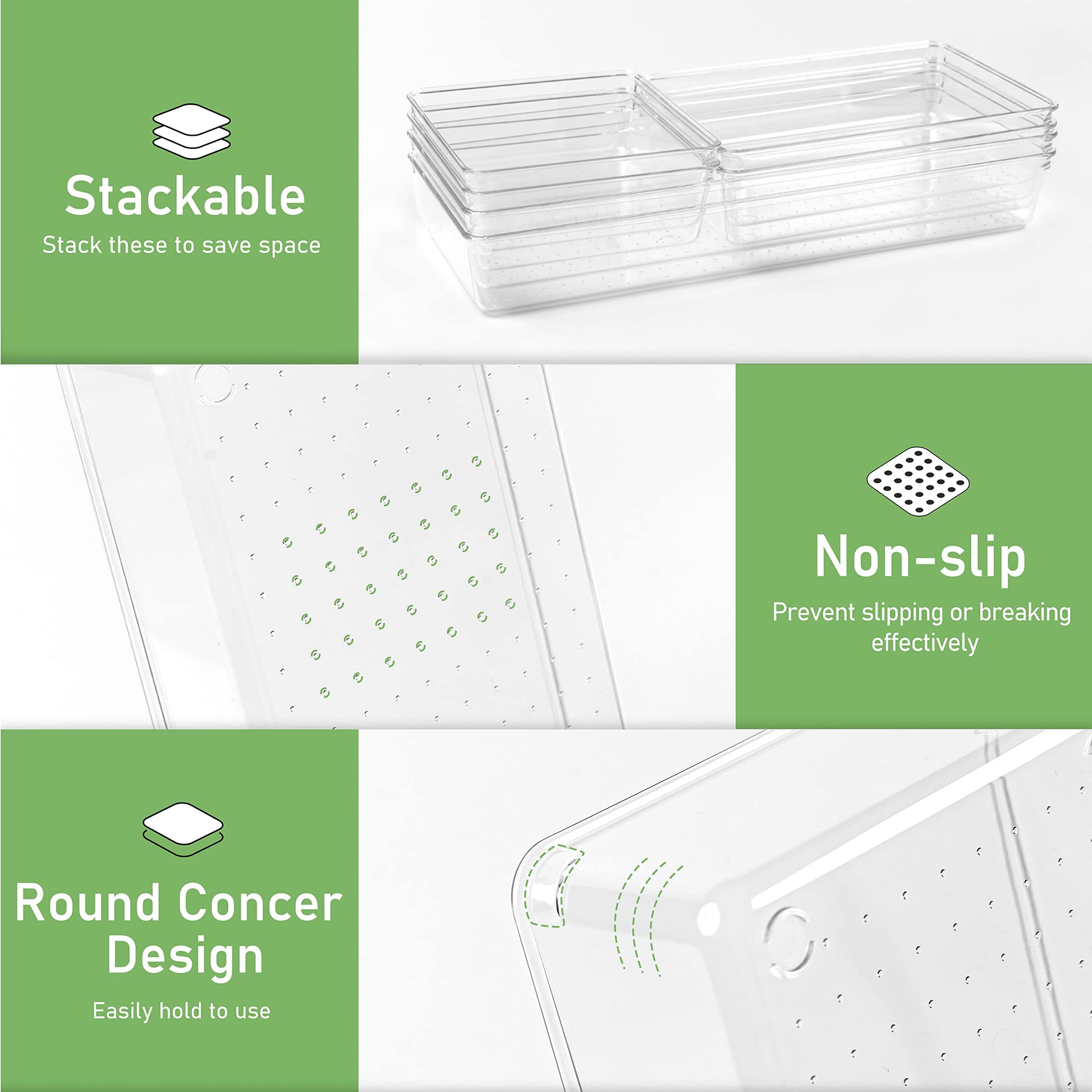 DUHARS 6 PCS Clear Plastic Drawer Organizer, Large 15" X 6" 3-Size Acrylic Stackable Kitchen Drawer