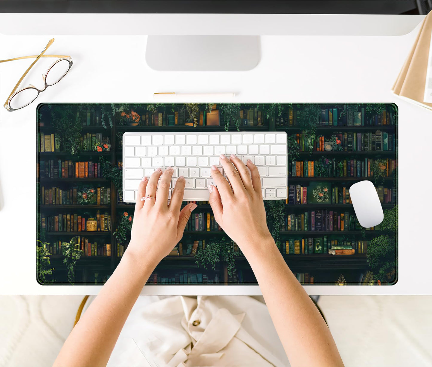 Green Leaves Desk Pad Extended Mouse Mat, Plant Bookshelf Gaming Desk Mat, Large Laptop Keyboard