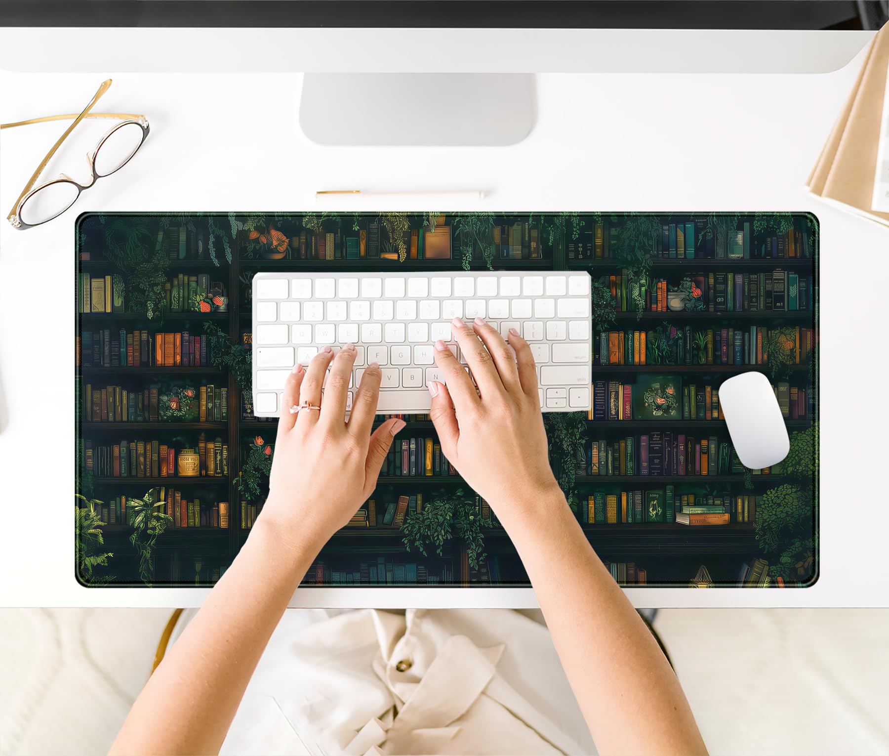 Green Leaves Desk Pad Extended Mouse Mat, Plant Bookshelf Gaming Desk Mat, Large Laptop Keyboard