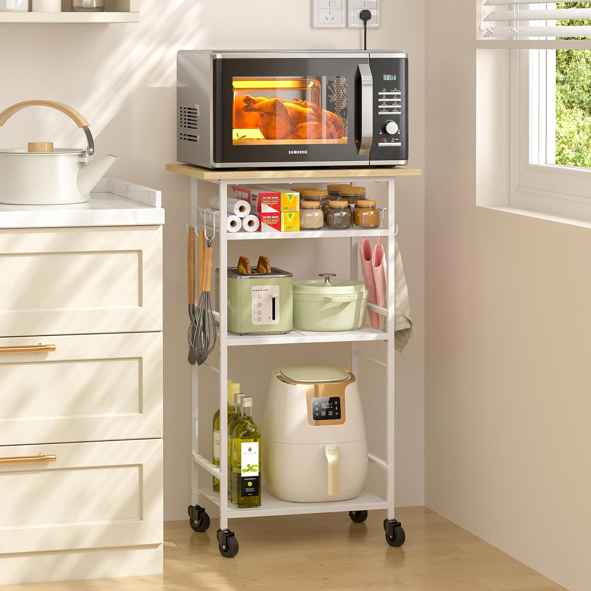 ThreeHio Rolling Kitchen Microwave Cart, 4 Tier Microwave Table Stand with Storage, Kitchen Storage