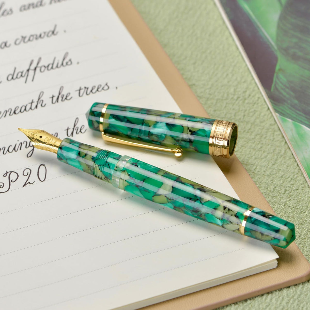 Asvine P20 Piston Fountain Pen Green Marble Acrylic, Medium Nib Gold Trim Smooth Writer Collection