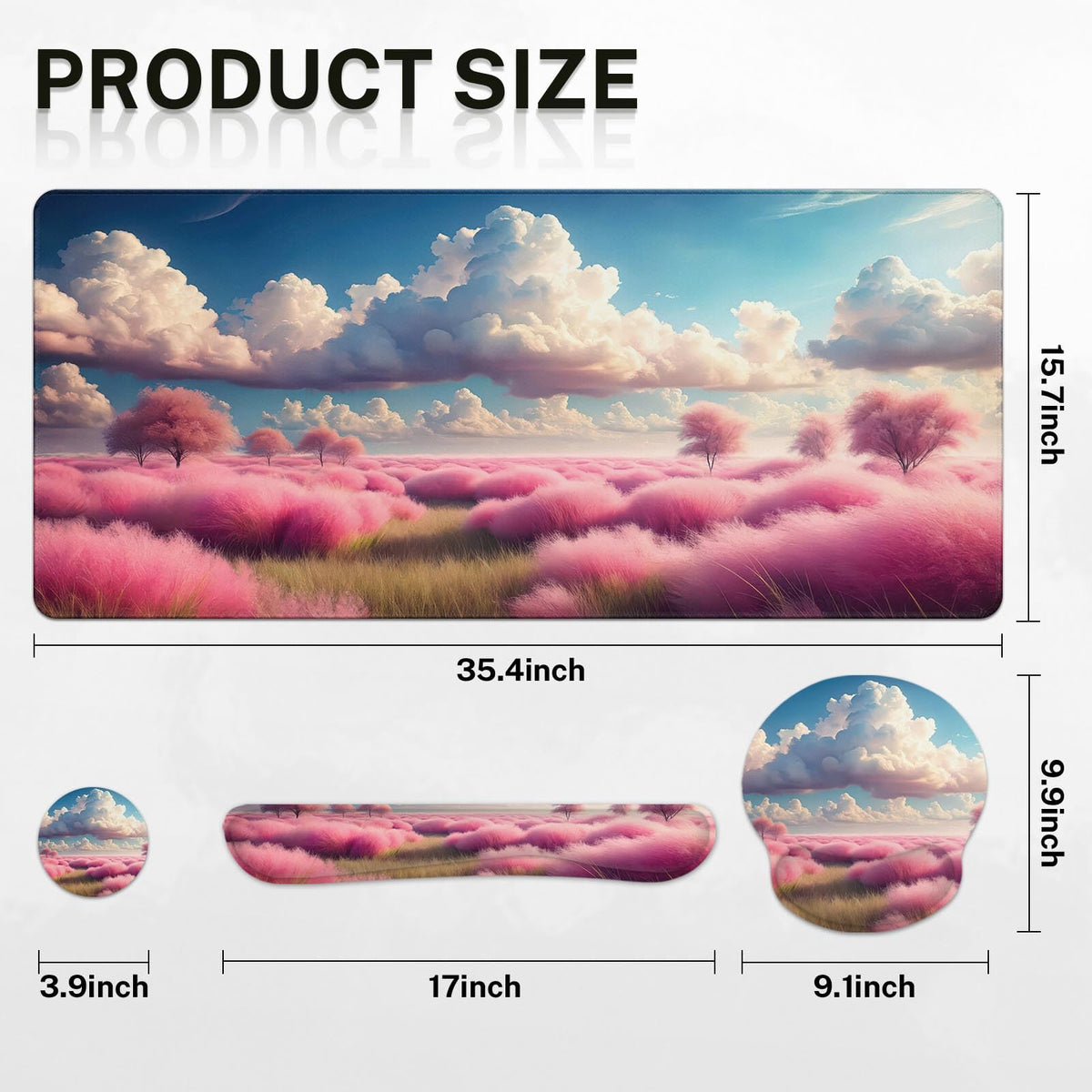 Britimes Keyboard Mouse Pad Set, 4 in 1 Desk Mat Set, Pink Clouds