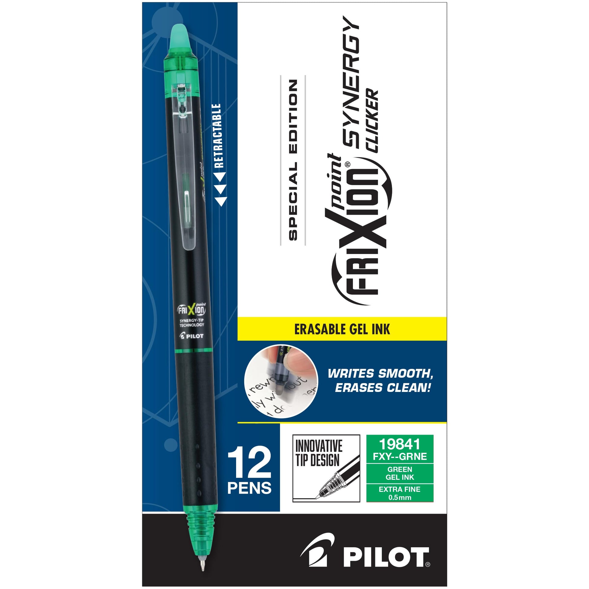 Pilot FriXion Synergy Clicker Erasable Gel Ink Pens, 0.5mm, Green, 12-Pack