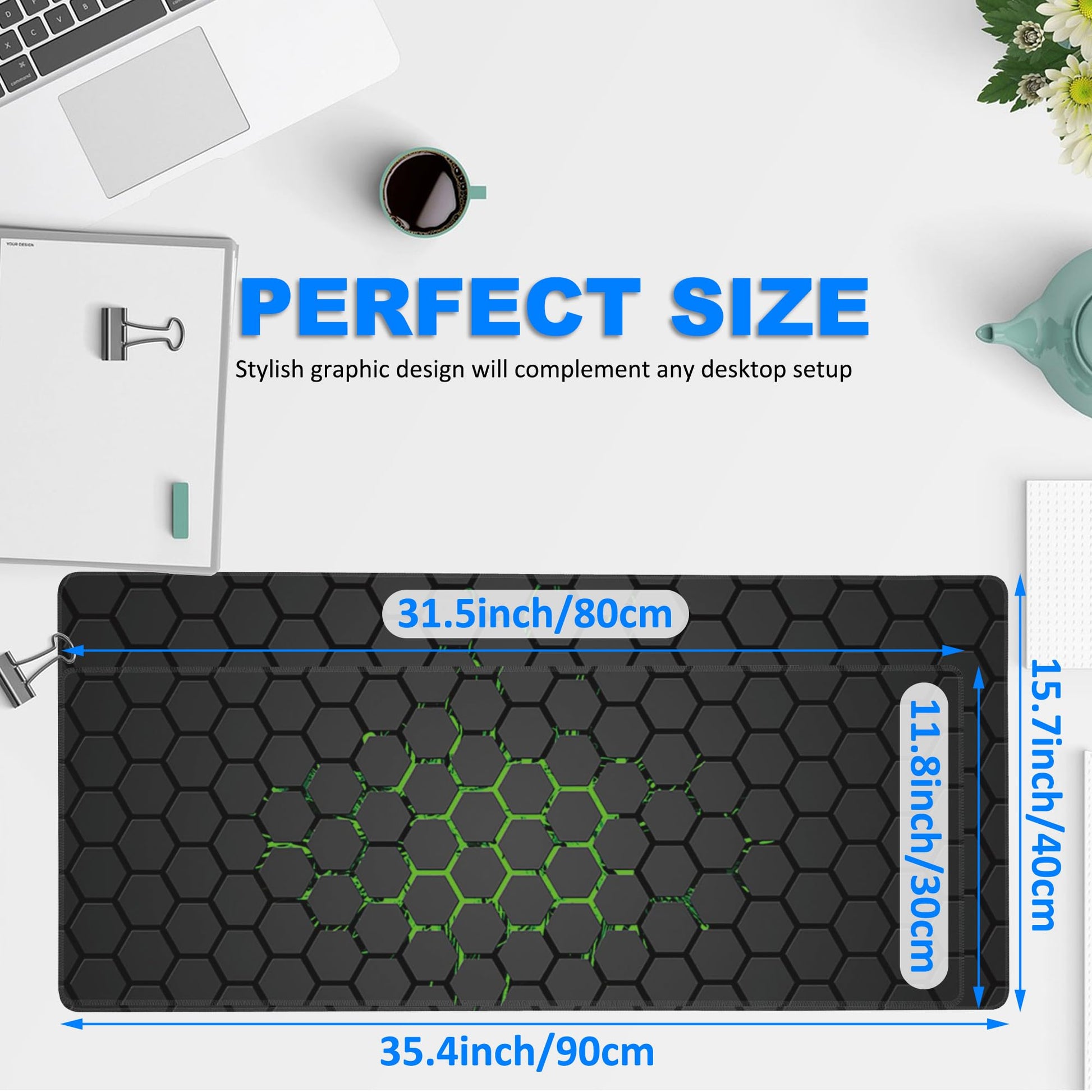 Desk Pad, Green Honeycomb Science Technology Extended Gaming Mouse Pad Large, 35.4"x15.7" Big Mouse