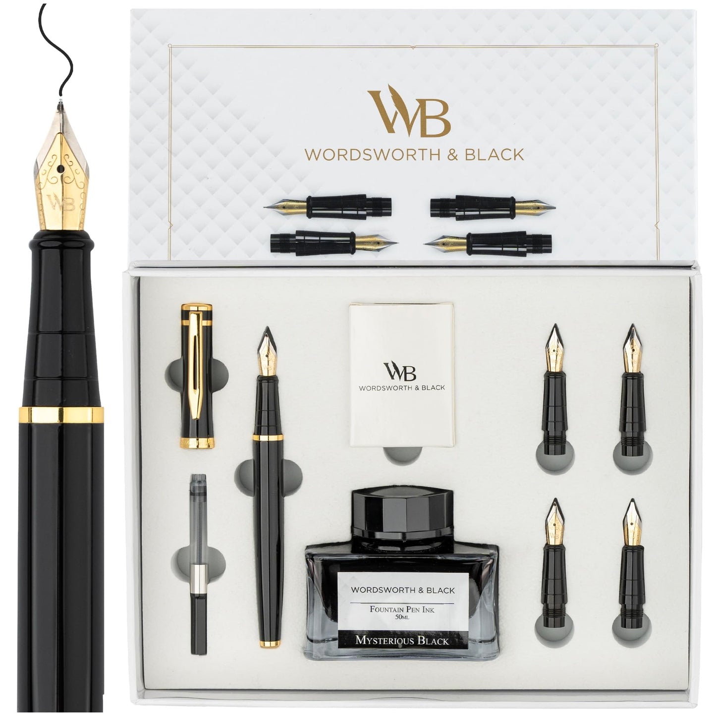 Wordsworth & Black Luxury Fountain Pen Set for Writing, 6 Nibs, Black Gold