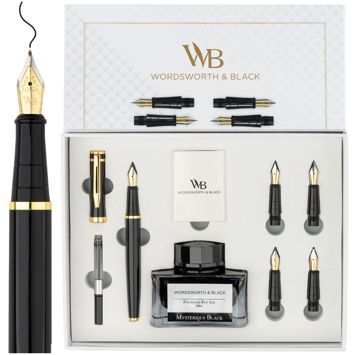 Wordsworth & Black Luxury Fountain Pen Set for Writing, 6 Nibs, Black Gold
