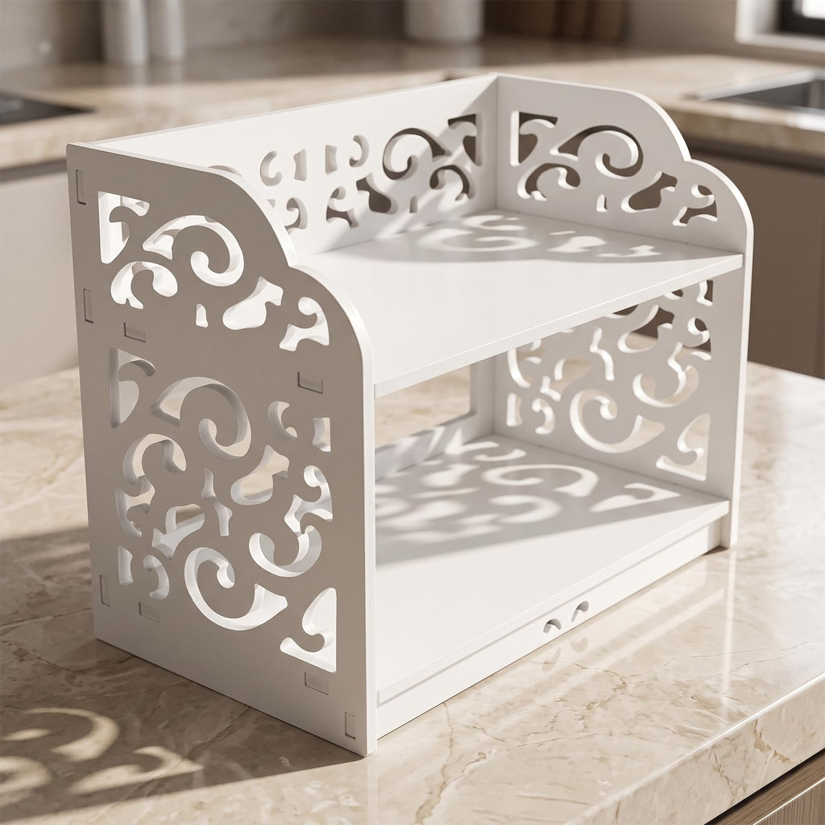MyGift 2 Tier White Desktop Bookshelf Organizer with Scrollwork Design
