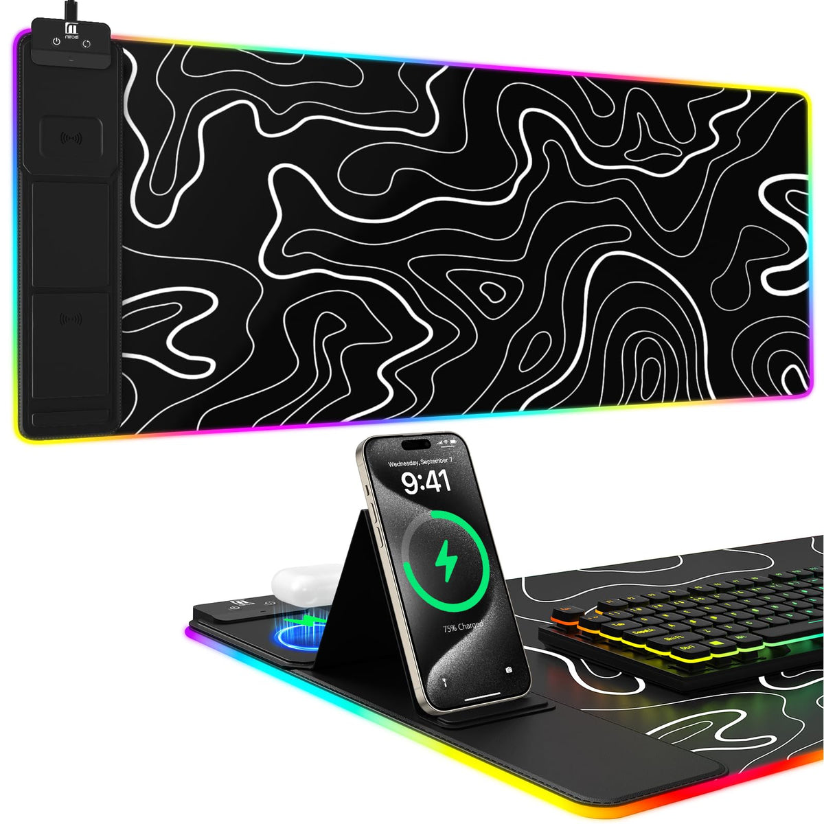 Mouse Pad with Phone Holder, Wireless Charging Desk Mat, RGB Gaming Mousepad Home Office Large Desk