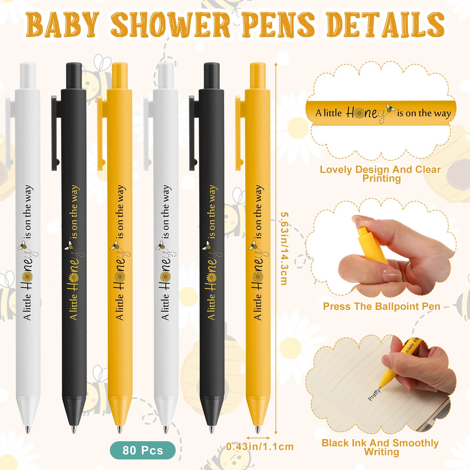 Engrowtic 80 Set Bee Baby Shower Gifts Pens for Guest Bee Themed Baby Shower Party Favors Ballpoint