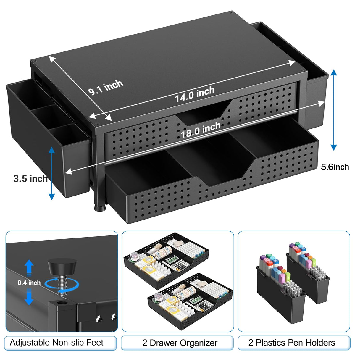 OPNICE Desk Organizer and Accessories, 2-Tier Computer Monitor Stand Riser with Drawer and 2 Pen
