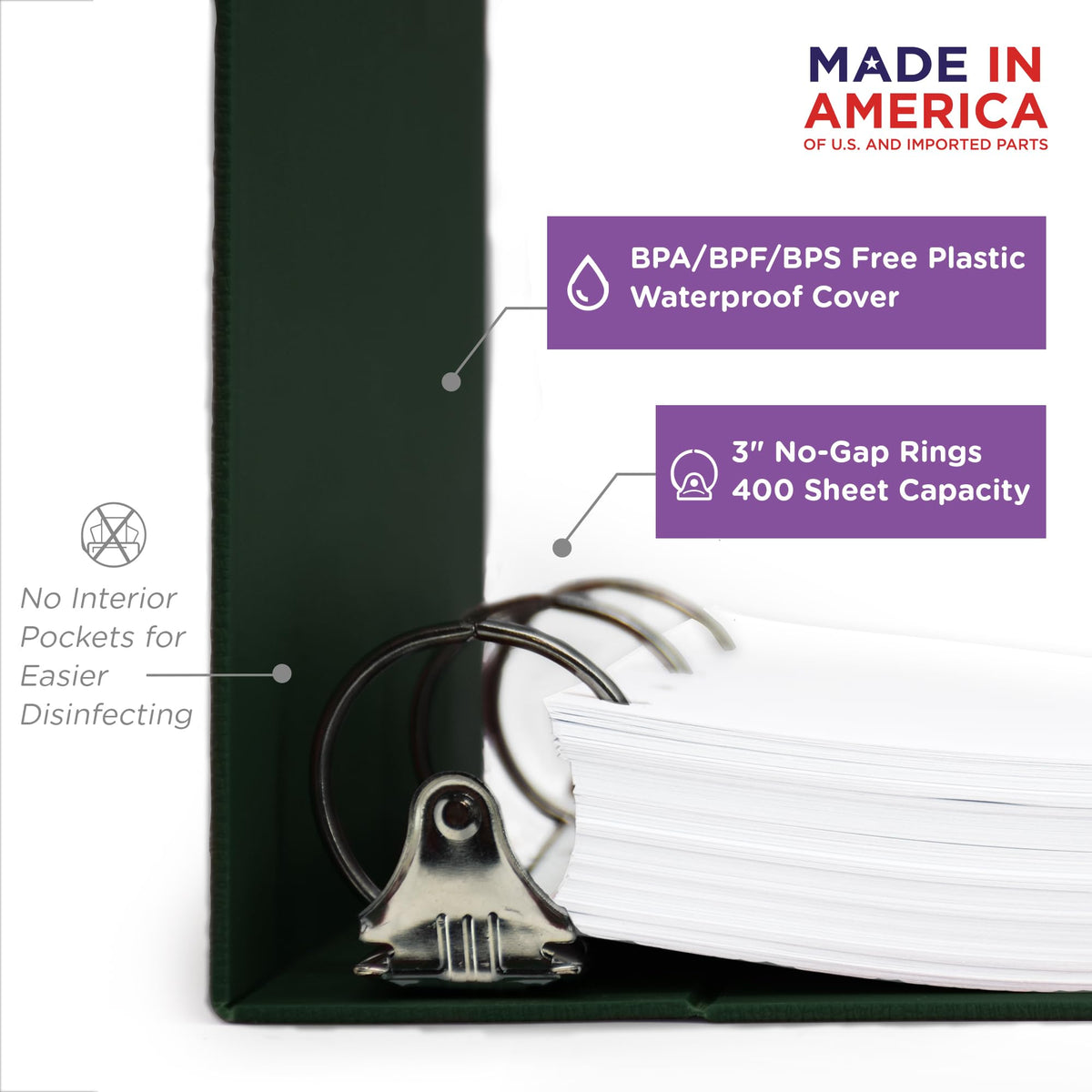 Carstens 3-Inch Heavy Duty 3-Ring Binder - Side Opening, Forest Green, Durable Plastic, Precision