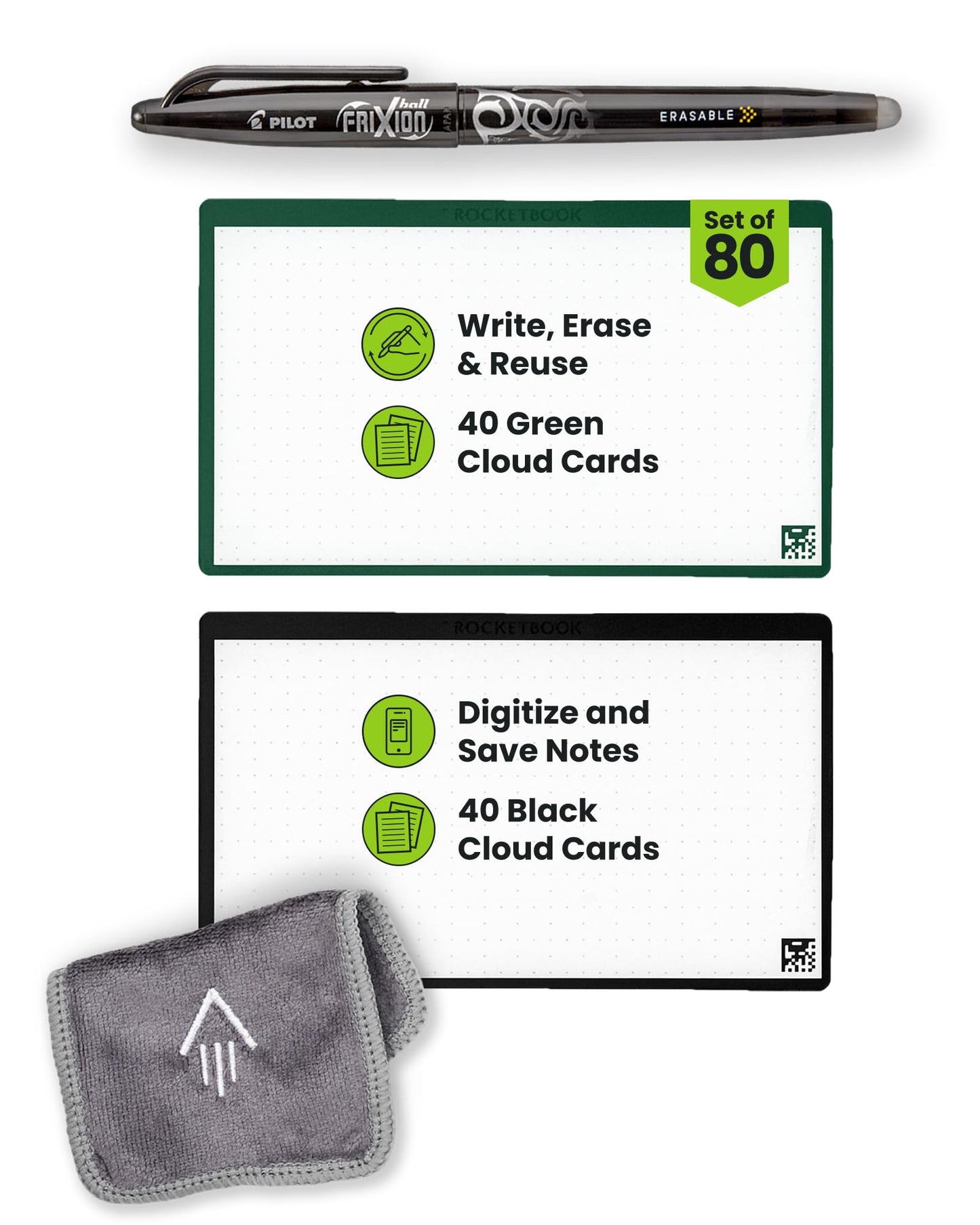 Rocketbook Cloud Cards, 3"x5" Reusable Index Card, Green/Black (Pack of 80)