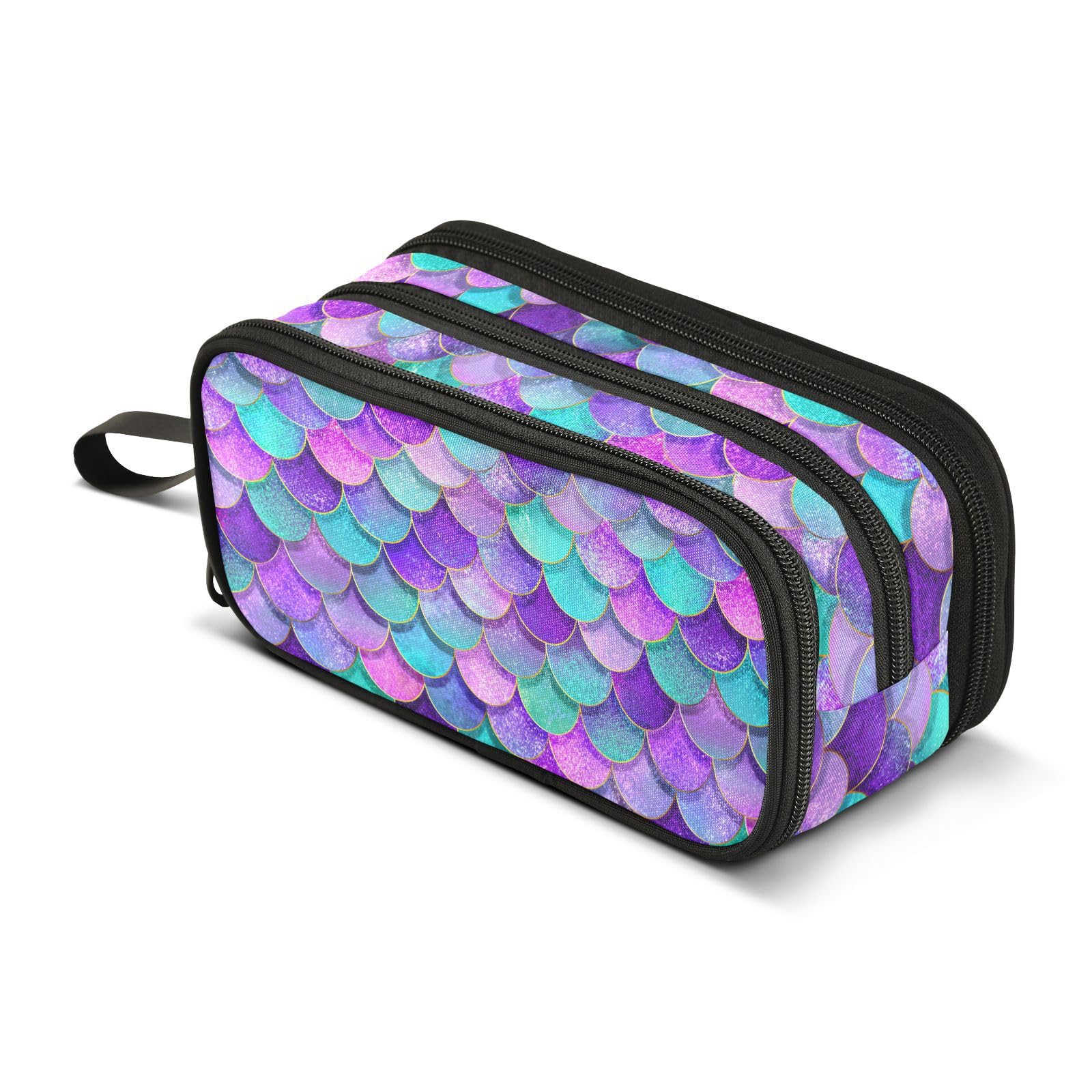 BOENLE Pink Blue Purple Mermaid Scales Pencil Case Box Boys Girls Large Pencil Pouch Zipper