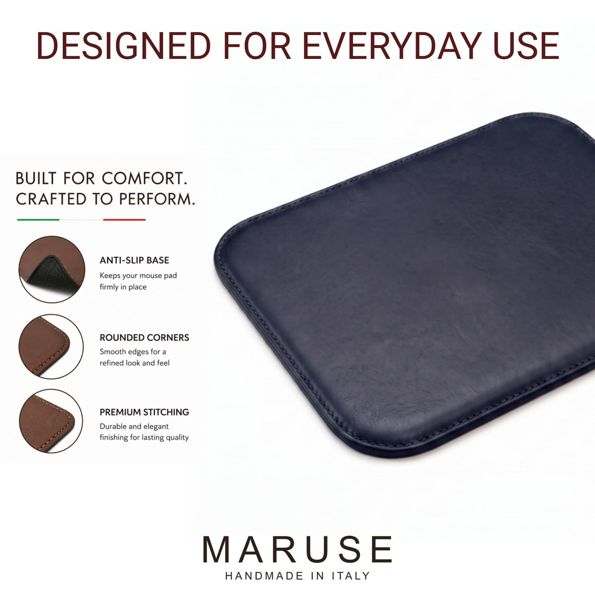 Maruse Italian Leather Mouse Pad for Home or Office Desktop, Handmade in Italy, Navy