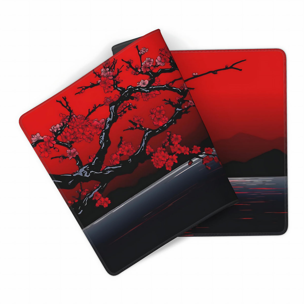 Aesthetic Cherry Blossom Gaming Mouse Pad, Black Red Japanese Desk Mat with Anti-Slip Base &