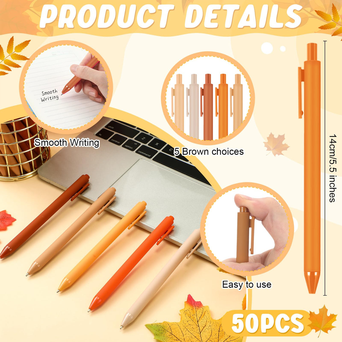 Dinifee 50 Pcs Ballpoint Gel Pens Bulk Retractable, Maple Color