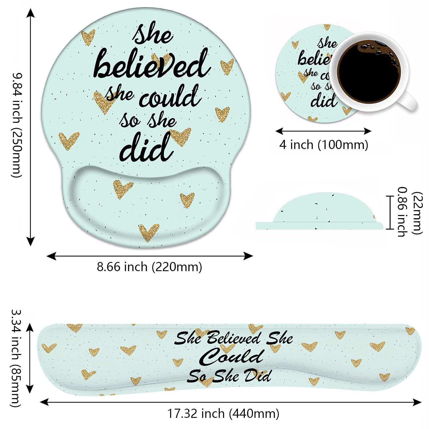 Keyboard Wrist Rest and Mouse Pad Wrist Rest Support Set with Coasters, She Believed She Could So