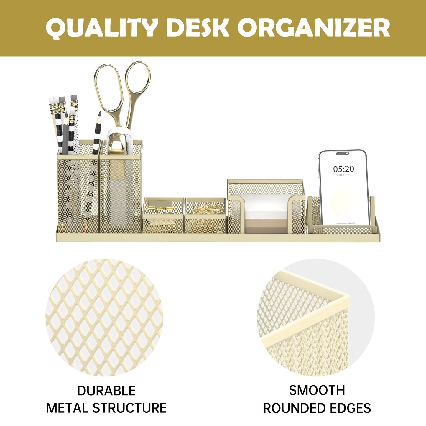 Pen Holder for Desk, 6-Piece Mesh Desk Organizer with Phone Holder, Gold