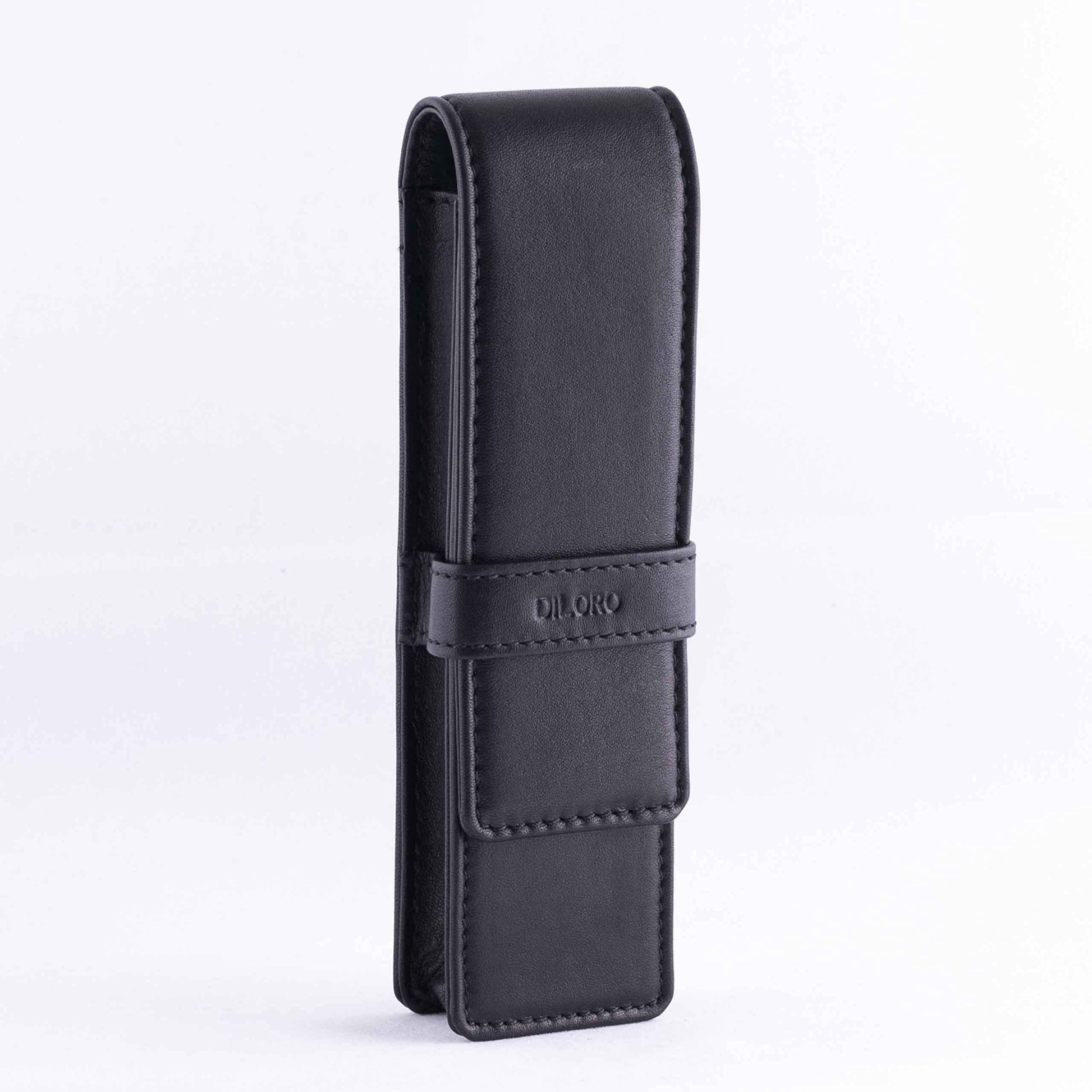 DiLoro Leather Double Pen Case Pencil Pouch Holder for Two Fountain Ballpoint Rollerball Pens and