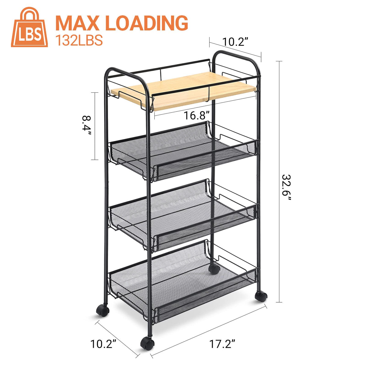 KINGRACK 4-Tier Rolling Cart,Metal Utility Cart with Wooden Tabletop,Easy Assemble Mobile Storage