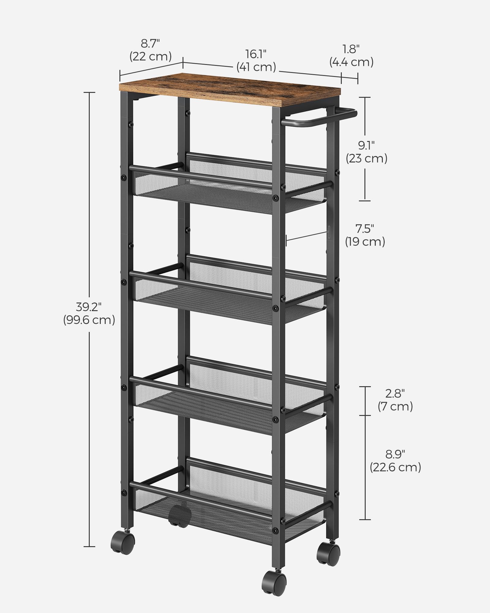 VASAGLE 5-Tier Slim Rolling Storage cart with Wheels, 8.7 Inches, Metal