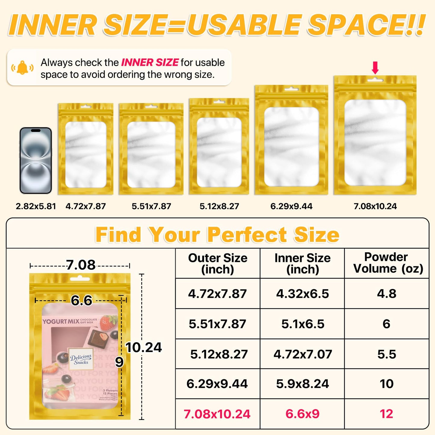 ANZNKU 100Pcs Gold Mylar Bags, Resealable Smell Proof Zip Goodie Baggies