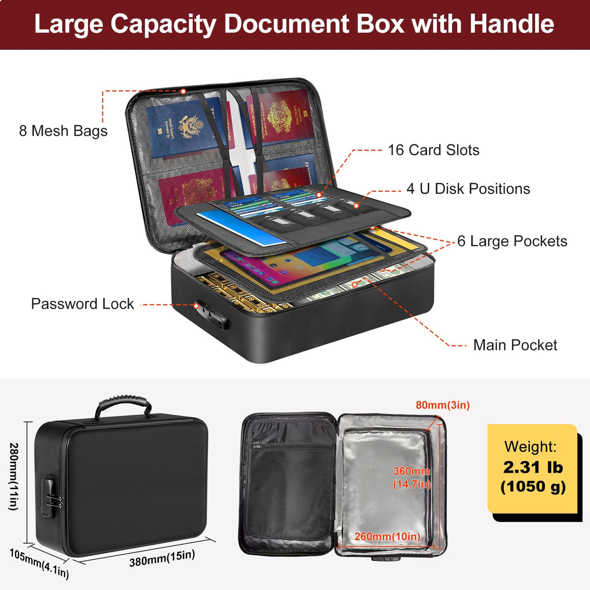 HECHN Fireproof Document Organizer Box with Lock for Important Documents