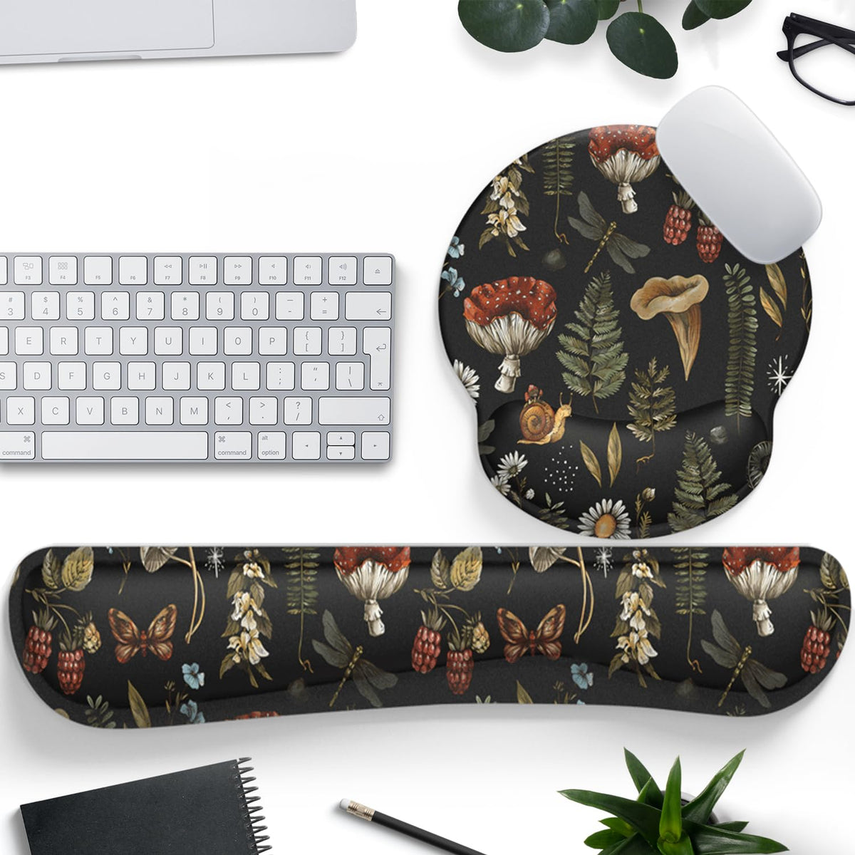 Plant Mushroom Mouse Pad Black Aesthetic Ergonomic Desk Pad Wrist Support Keyboard Wrist Rest Set