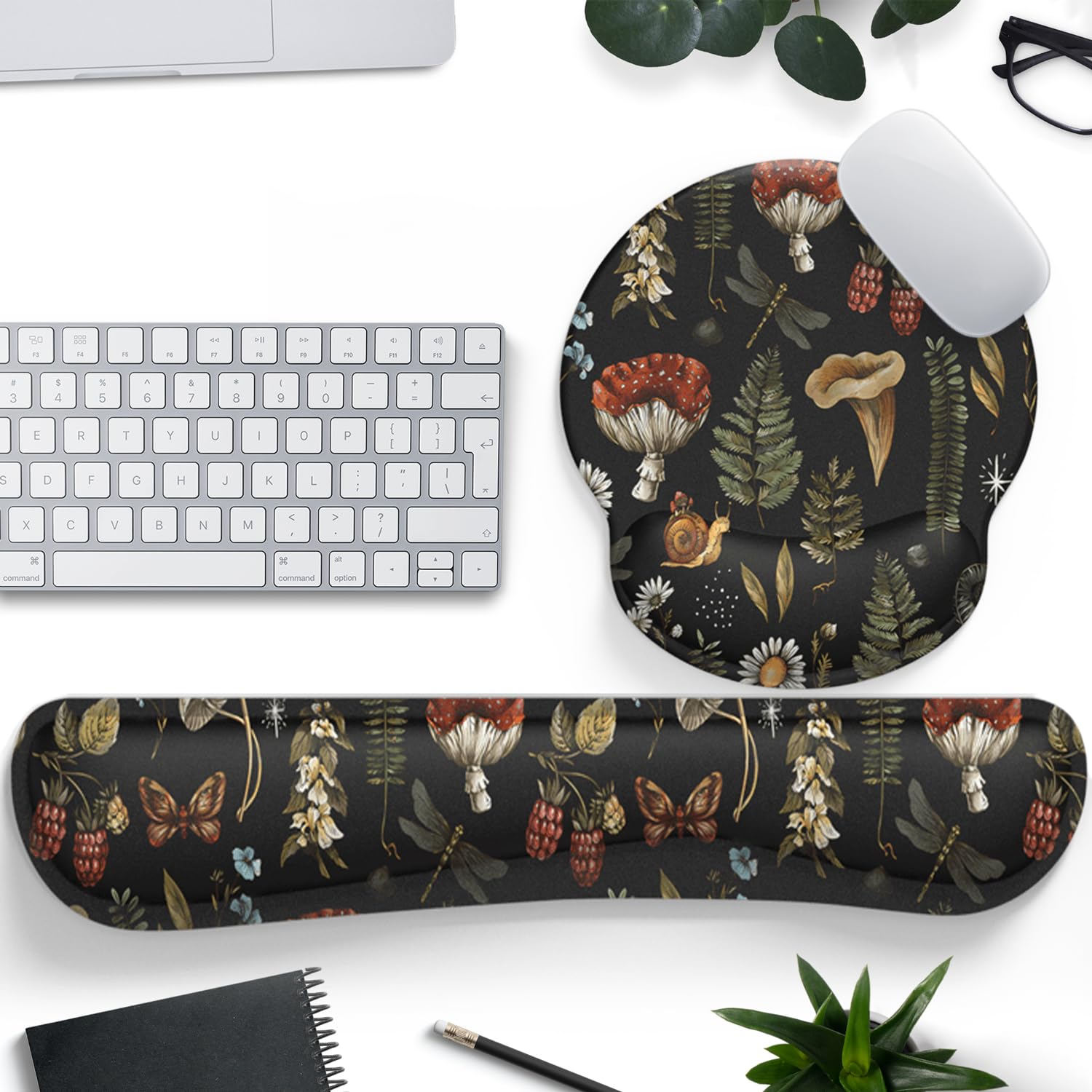 Plant Mushroom Mouse Pad Black Aesthetic Ergonomic Desk Pad Wrist Support Keyboard Wrist Rest Set
